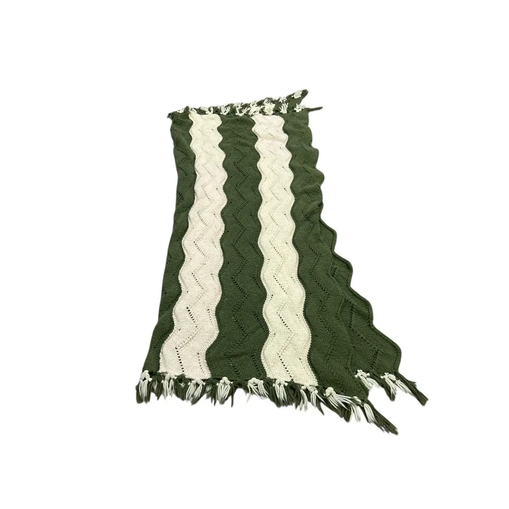 Vintage Handmade Crochet Afghan Blanket Green White 63L 56W Chevron Granny Throw